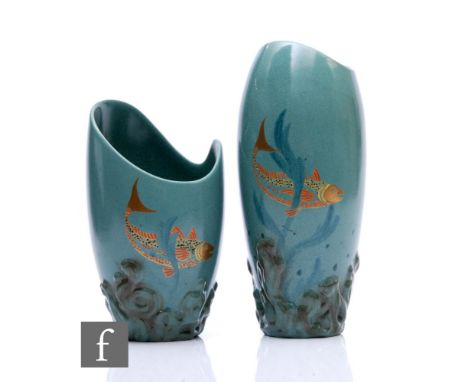 A post war Carlton Ware vase, shape number 2337 with a relief molded base below an asymmetrical rim, decorated with fish swim