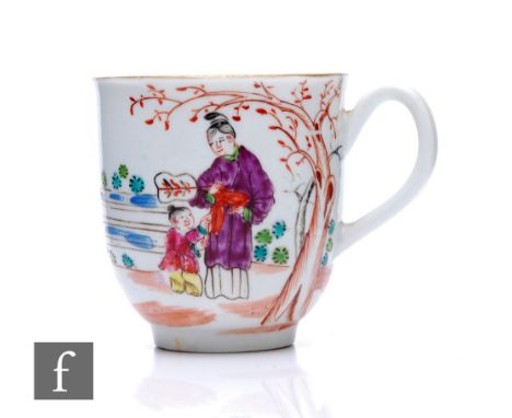 An 18th Century Worcester porcelain coffee cup with loop handle, polychrome enamel decorated in a variant of the Mandarin pat