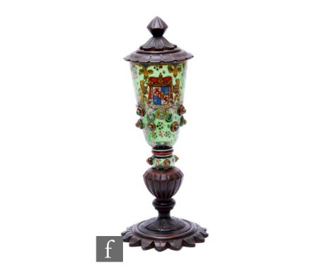 An 18th Century Austro-Hungarian large glass vase of tapered form, decorated with hand painted enamel decoration and Coat of 