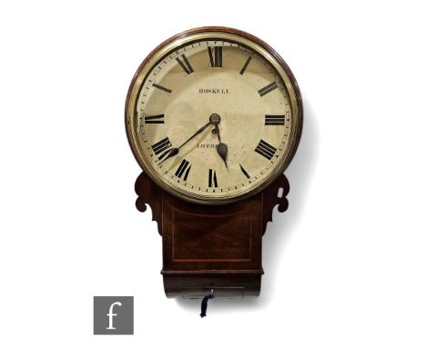 A 19th Century mahogany cased drop dial wall clock by Roskell Liverpool, spring driven movement, line inlaid case, height 74c