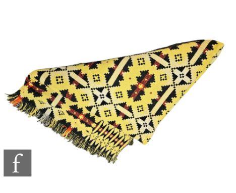 A vintage woollen Welsh tapestry black, yellow and deep orange fringed edge blanket or carthen, measures 200cm x 140cm.