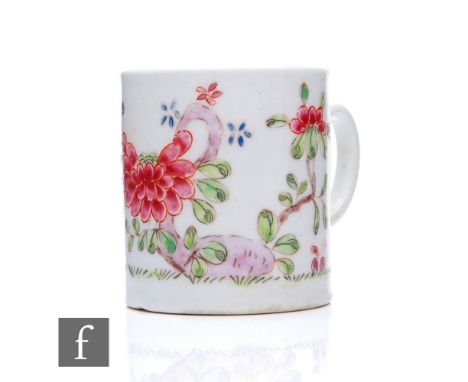 An 18th Century English porcelain coffee can, probably Longton Hall, circa 1755-1760, the body enamel decorated in the Famile