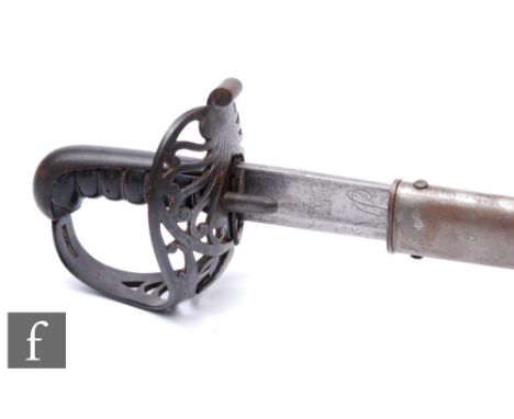 A 1796 officer's cavalry sword, the 88cm blade inscribed with an 'R' below a coronet, engraved P Solingen, pierced scroll wor