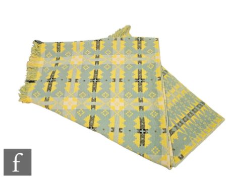 A vintage woollen Welsh tapestry black, yellow and turquoise fringed edge blanket or carthen, measures 200cm x 145cm.