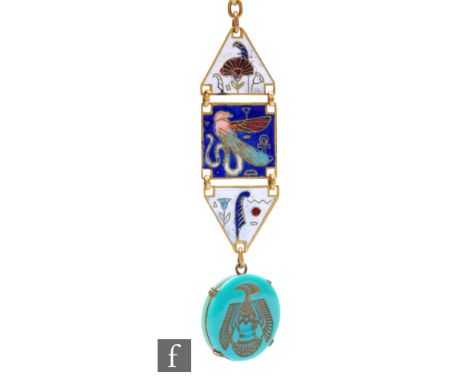 A 20th Century Egyptian revival enamel pendant, double sided to a turquoise colour fob, height 12cm. 