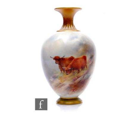 An early 20th Century Royal Worcester porcelain vase of footed ovoid form with a drawn collar neck, hand decorated by Harry S