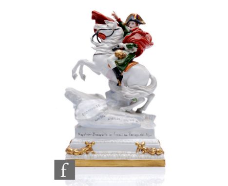 A 20th Century French porcelain figure of Napoleon on a rearing stallion with script to the rocky base, highlighted with gold