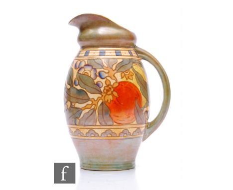 A 1930s Bursley Ware flower jug designed by Charlotte Rhead and decorated in the Pomegranate pattern with a band of tube line