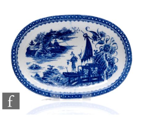 An 18th Century Caughley porcelain dish circa 1775, of shallow oval section with flat rim, decorated in the Fisherman pattern