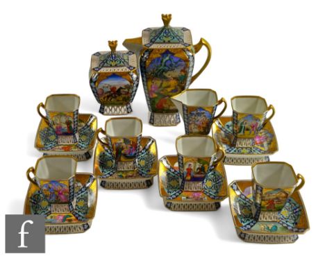 A Herend porcelain coffee service comprising coffee pot, covered sugar, cream jug, six pedestal cups and six matched saucers,