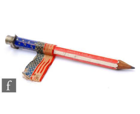 A large United States of America 1917 pencil applied with a small US flag below a novelty stove pipe hat, titled 'America for