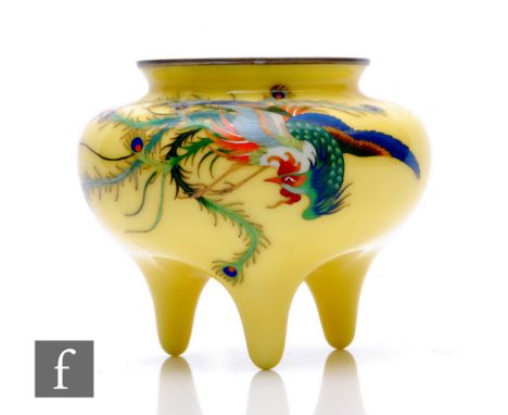 A mid 20th Century Japanese cloisonne enamel censer decorated with a phoenix with yellow ground, height 12cm. 
