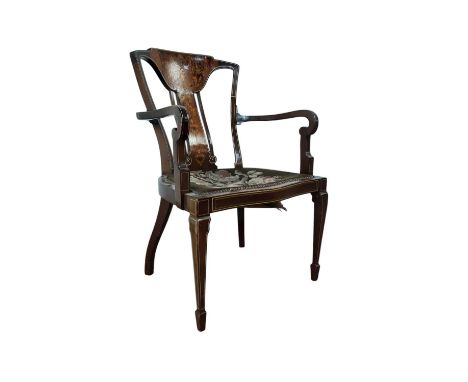 EDWARDIAN INLAID MAHOGANY ELBOW CHAIR, with studded tapestry seat, on square tapering legs to spade feet90cm high