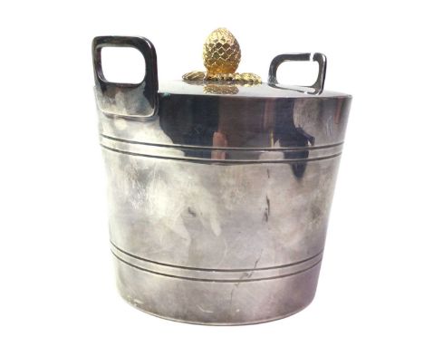 SILVER PLATED ICE BUCKET, twin handled, the lid with acorn finial12cm high