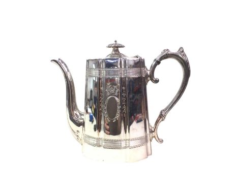 GROUP OF SILVER PLATE, including a teapot, coffee pot and flatware