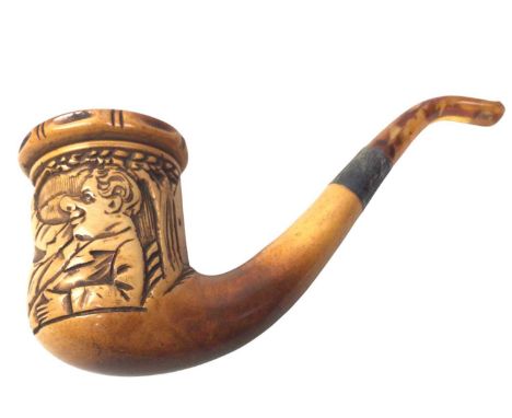 LARGE SILVER MOUNTED MEERSCHAUM PIPE, carved with a male figure in a woodland setting, in fitted case