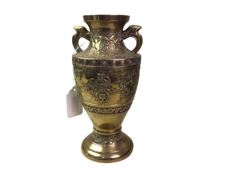 CHINESE BRONZED VASE, ALONG WITH A PAIR OF VASES AND AN INCENSE STICK HOLDER the pair of vases with twin scroll handles and f