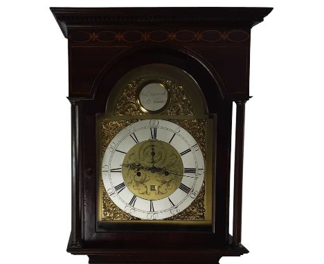 MAHOGANY LONGCASE CLOCK, with arched brass and silvered dial214cm high