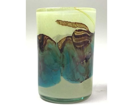 MDINA GLASS VASE, AND OTHER GLASS WARE the cylindrical vase with decoration in brown, green and blue, along with a Vasart gla