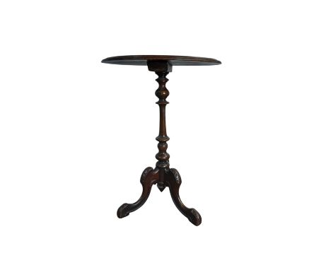 WALNUT CIRCULAR TABLE, with chessboard top, on turned support and tripod base67cm high, 54cm diameter 