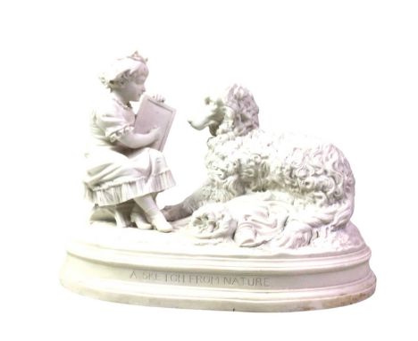 PARION WARE FIGURAL GROUP, TITLED 'A SKETCH FRON NATURE' modelled as a girl sketching a dog on a naturalistic ground, marked 