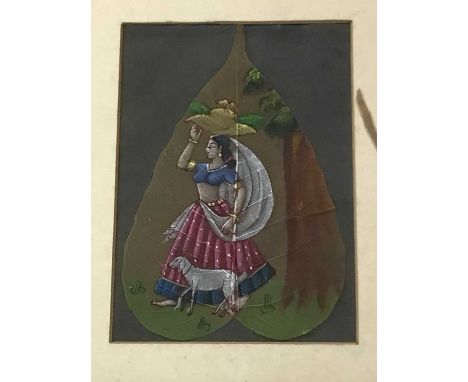 INDIAN STYLE PICTURE, AND OTHER ITEMS the picture decorated with a female figure and a dog, along with other items including 
