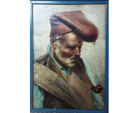 RAFFAELE FRIGERIO (1875 -1948), FISHERMAN SMOKING HIS PIPE oil on board, signedframedoverall size 31cm x 22cm 