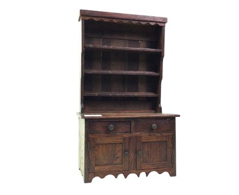 VINATGE OAK APPRENTICE PIECE DRESSER, MID 20TH CENTURY  the single top above three shelves in front of a panelled back, above