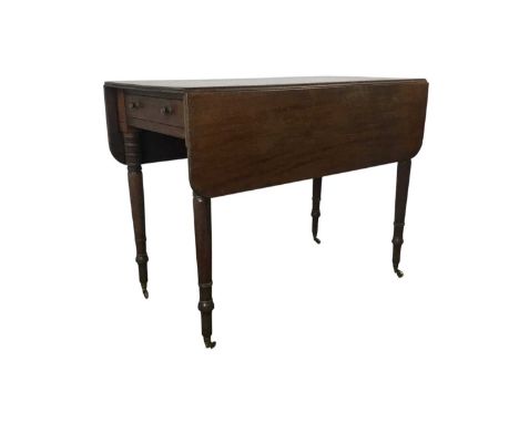 MAHOGANY PEMBROKE TEA TABLE, 19TH CENTURY  with single drawer, on turned legs with brass castors73cm high, 98cm wide73cm high
