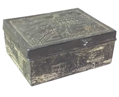 JAPANESE WHITE METAL CIGAR BOX, AND OTHER ITEMS of square form, decorated with various scenes, along with other items includi