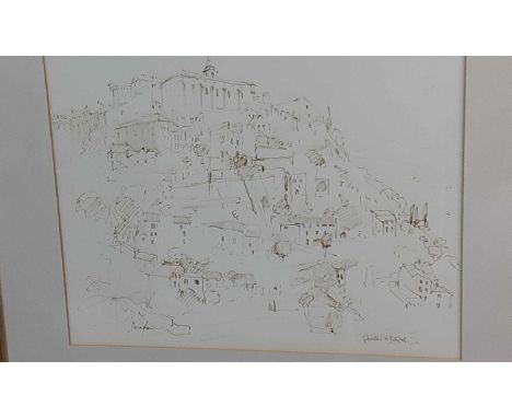 * JOHN CUNNINGHAM RGI D LITT (SCOTTISH 1926 - 1998), GORDES sepia pen and ink sketch, signed and inscribedmounted, framed and