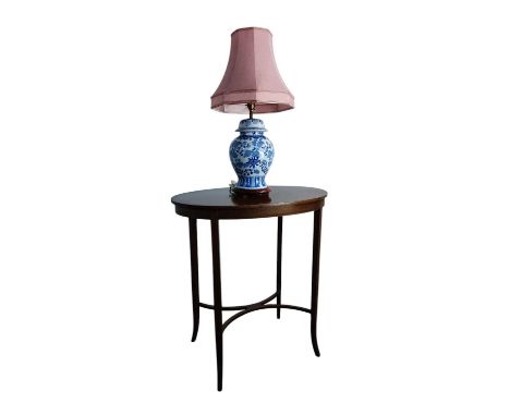 INLAID MAHOGANY OVAL OCCASIONAL TABLE, AND A BLUE AND WHITE TABLE LAMP the lamp with pink shadetable 73cm x 67cmQty: 2