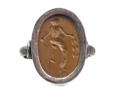 INTAGLIO RING, carved depicting a classical figure, unmarked white metal, size O
