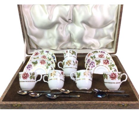 ROYAL WORCESTER 'VIRGINIA' COFFEE SERVICE, comprising six cups, six saucers and six silver plated spoons, housed in a fitted 