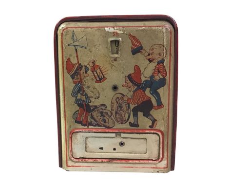 NOVELTY TIN MONEY BANK ALONG WITH FURTHER ITEMS including an Art Deco style clock, games counters, scales, and draughts setla