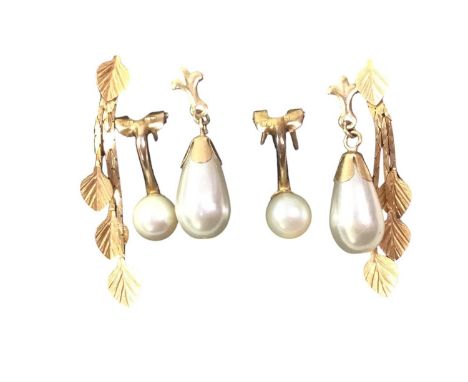 TWO PAIRS OF PEARL EARRINGS, AND A FURTHER PAIR OF EARRINGS likely in nine carat gold, though unmarked