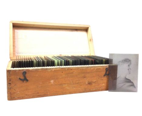 GROUP OF GLASS SLIDES, AND OTHER ITEMS one depicting a motor vehicle, all in fitted case, along with an early 20th century te