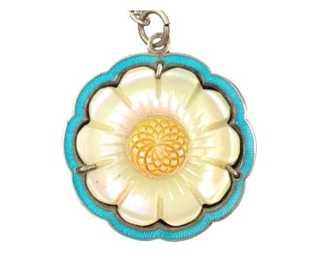 SILVER COLLARD PENDANT, modelled as a flower in mother of pearl and enamel
