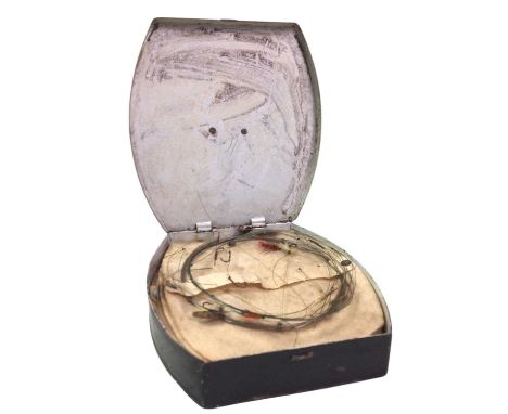 HARDY BROTHERS TIN FLY BOX, AND A GEORGIAN TURNED WOOD SNUFF BOX housing various fishing flies, bearing Hardy Bros Ltd makers