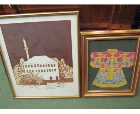Limited edition etching and Kimono handkerchief, both framed (2)