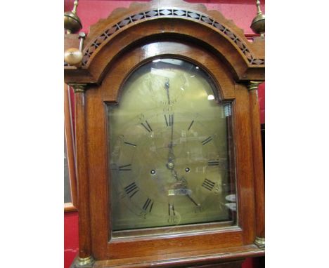 A George III oak longcase clock, 12" painted brass arched dial signed James Harley, Hickling, 8 day movement with calendar wh