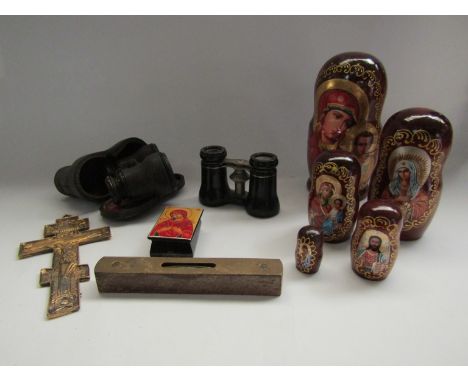 A Russian doll, opera glasses, vintage level and cross (6) 