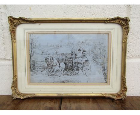 A late 19th Century English School pen and ink style print with blind stamp "Carriage to Litchfield", gilt frame, 17.5cm x 28