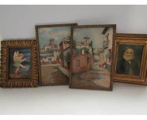 Two 20th Century Continental town/street scenes, picture of Cupid and a portrait 