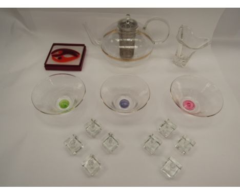 A collection of mid 20th Century clear glassware including teapot with infuser dishes, candle holder cubes etc.