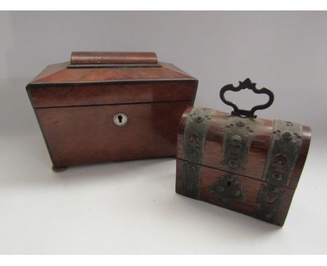 A Victorian banded metal dome topped ink bottle casket and a late Victorian tea caddy