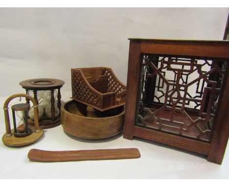 Treen including three bottle timer, bowl, letter rack and basket/bin
