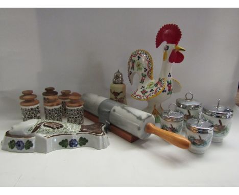 Kitchenalia including decorative cockerel, Hornsea spice pots, Worcester egg coddlers, rolling pin etc 