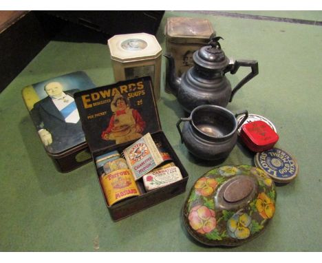 Assorted vintage tins, pewter two piece tea set