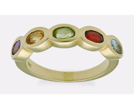 Halbedelstein-Ring.14 kt GG, besetzt m. 5 versch. oval facettierten Halbedelsteinen (1 Aquamarin, 1 Granat, 1 Peridot, 1 Citr
